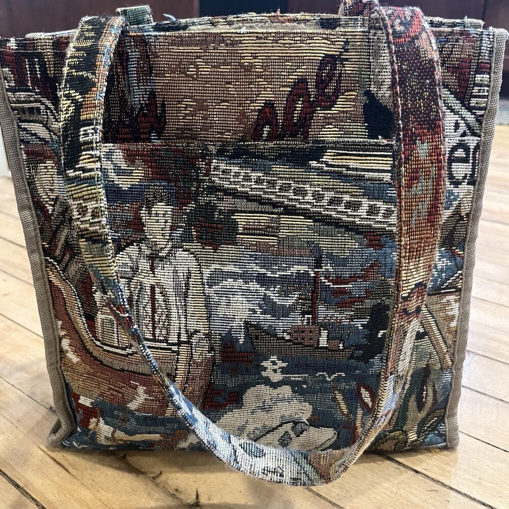 Vintage JADE Tapestry Tote Bag Cottagecore Travel Scene Woven Purse